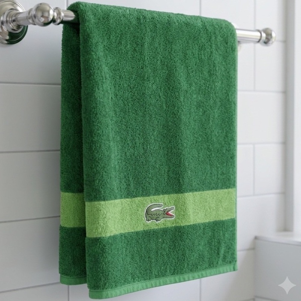 Lacoste Green Striped Cotton Bath Towel Embroidered Crocodile Logo 48x29